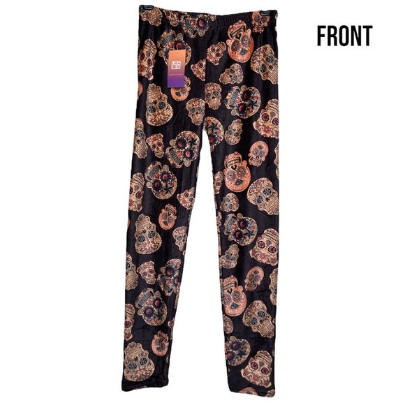 Faux Fur Lined S/M Skeleton Sugar Skull Skinny Leggings Thermal Slim Brushed - Picture 2 of 5